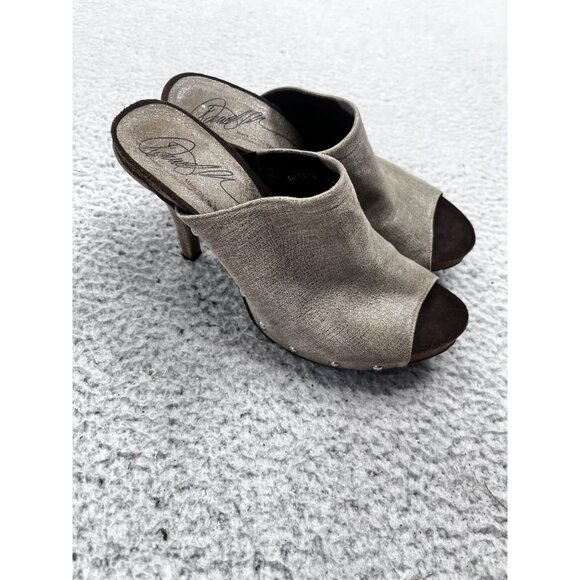 Women's Donald J Pliner Taupe Shimmery Peep Toe Slip On Studded Heels Size 6.5 M - Picture 6 of 12